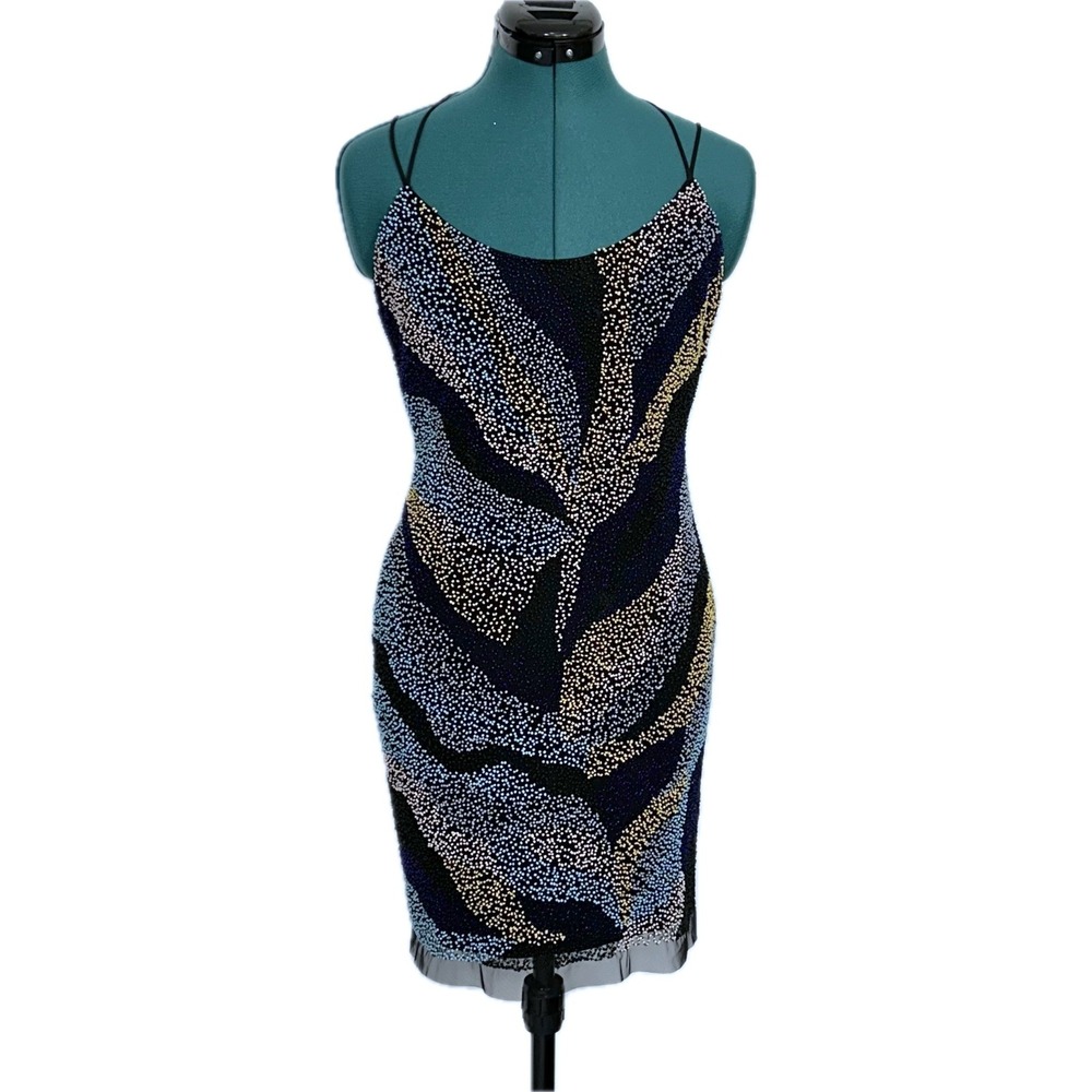 Aidan Mattox Beaded Mini Dress Size 4 Black Blue Multi Zebra Cocktail MN1E206000